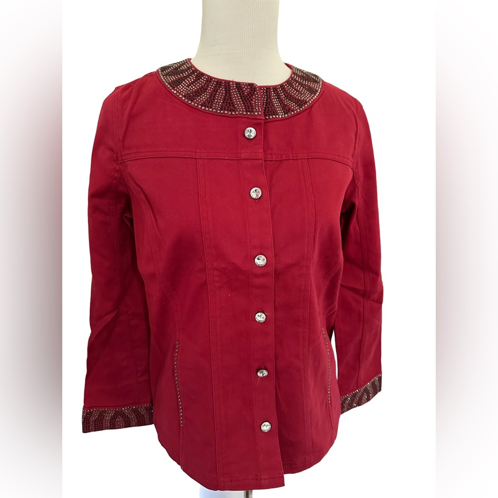 Quacker Factory Red Jean Jacket Rhinestone Accents Animal Print Sz XS QVC New